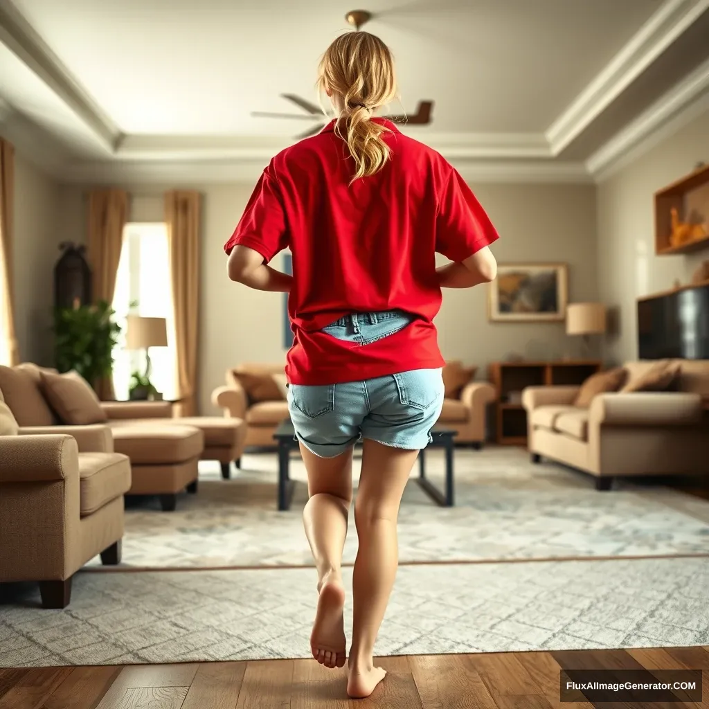 Back view of a blonde skinny woman in her massive living room, wearing a massively oversized red polo t-shirt that is askew on one shoulder, paired with oversized light blue denim shorts that are unrolled. She has no shoes or socks on and is facing the camera as she gets off her chair and runs towards it.