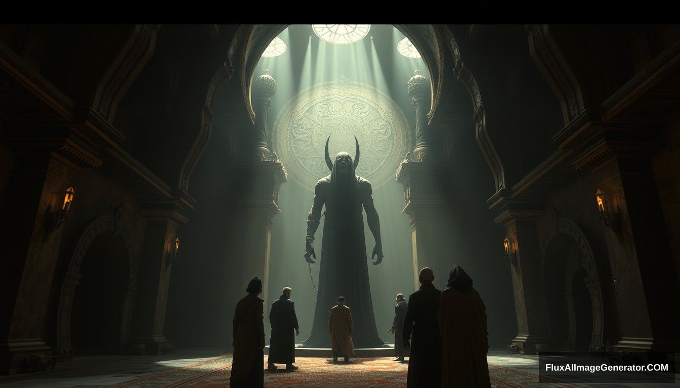 The interior of an ancient, dimly lit monastery. Tamim and his companions encounter Dajjal, a towering, menacing figure bound by chains, with a terrifying visage. Ultra HD, realistic, dark, and atmospheric with cinematic lighting. - Image