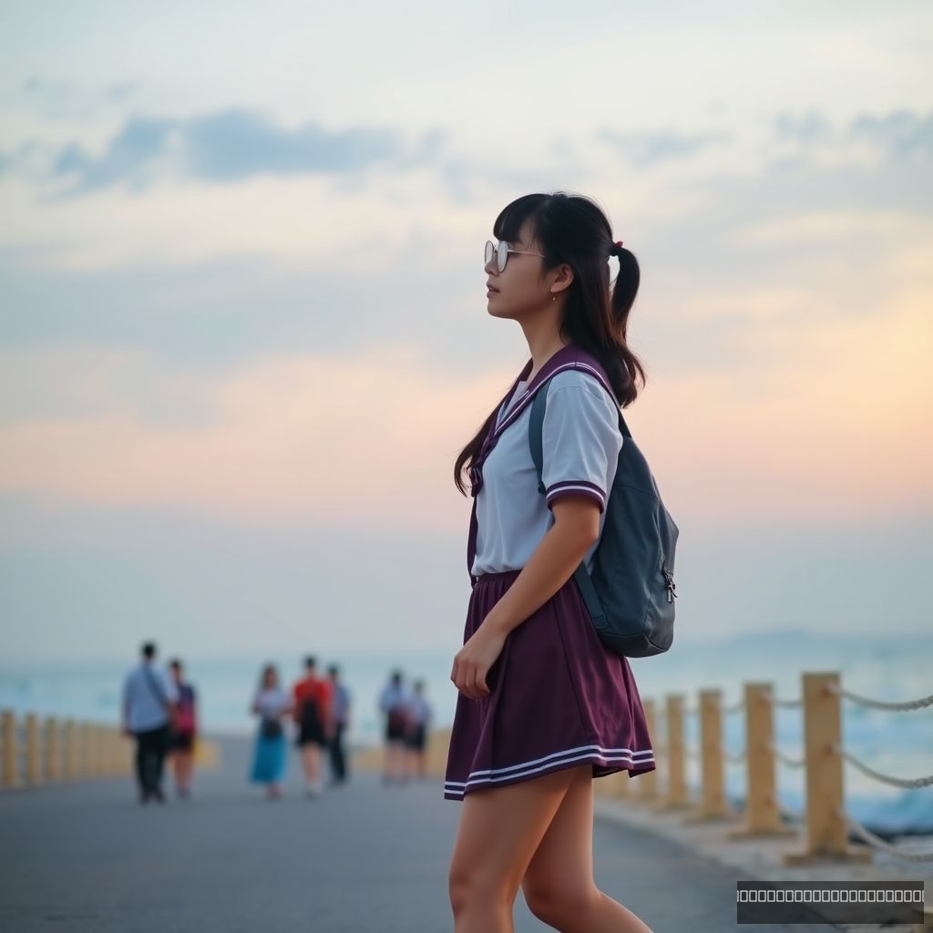 'Female student walking by the seaside, beach, dusk, Chinese people, street, Chinese school uniform.' - Image