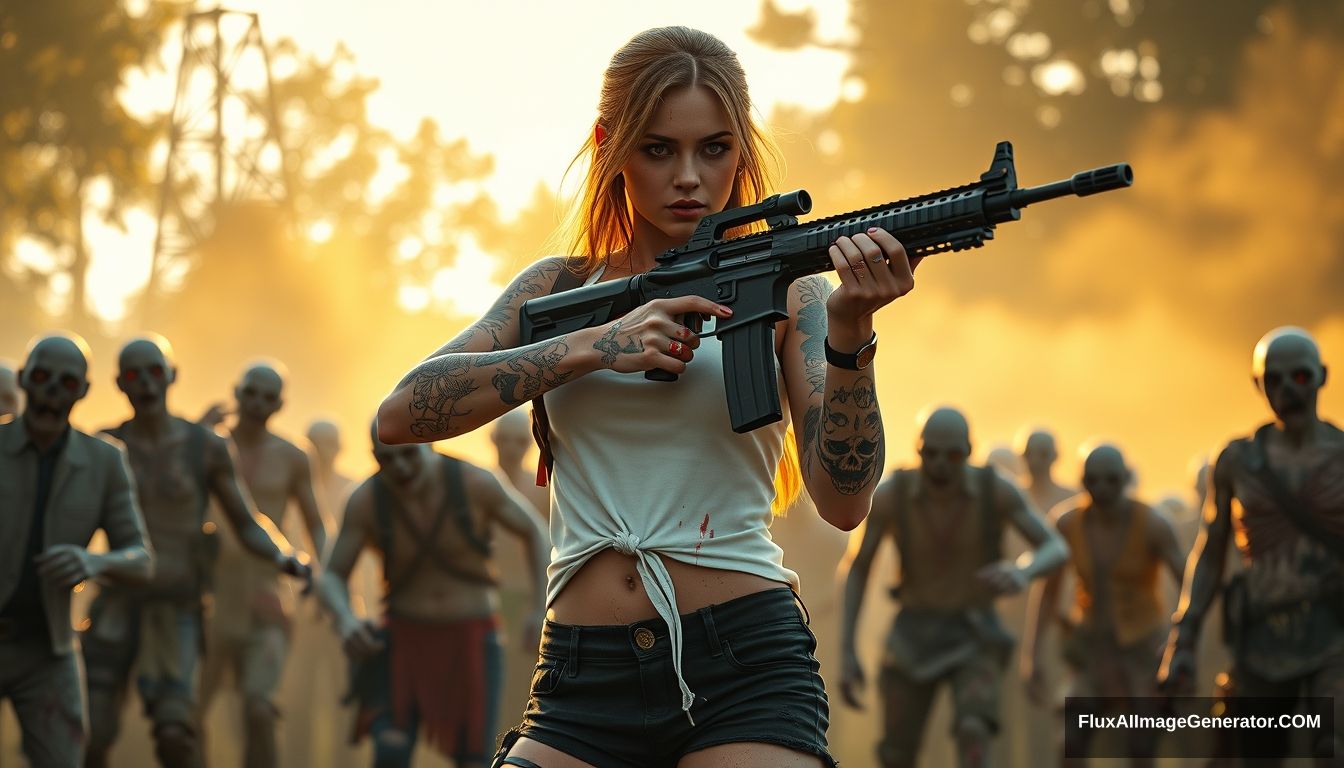 Portrait of a sexy woman in a white vest and black shorts, adorned with numerous gypsy-style and skull-pattern tattoos on her arms, her arm skin scratched, with splattered blood on both arms and legs, holding an AR-15 rifle with both hands, aiming, surrounded by scary zombies in various outfits, golden hour lighting, ray tracing, global illumination, 4K.