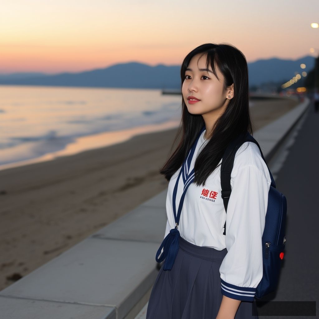 A woman walking by the seaside, beach, dusk, Chinese, street, school uniform.