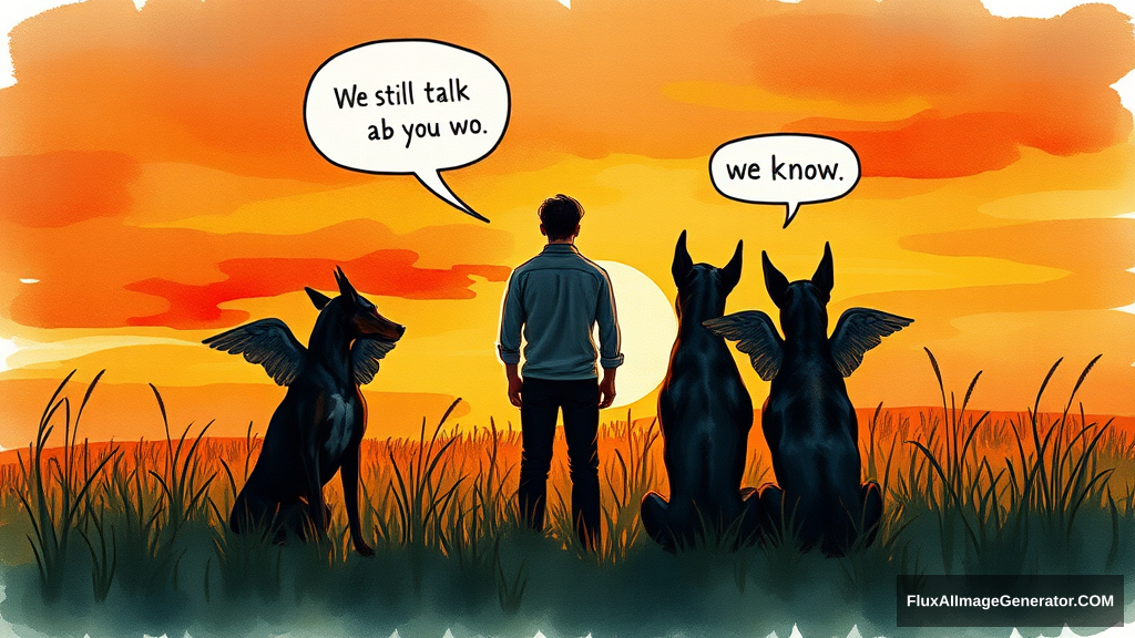 Messy watercolor illustration: male figure in meadow at golden hour, silhouetted against vibrant sunset sky. 3 Winged canine doberman companions sat beside. facing away from the viewer, Speech bubbles float above: "We still talk about you" (person), "we know" (dog). Nostalgic atmosphere, brushstrokes convey wistful longing.