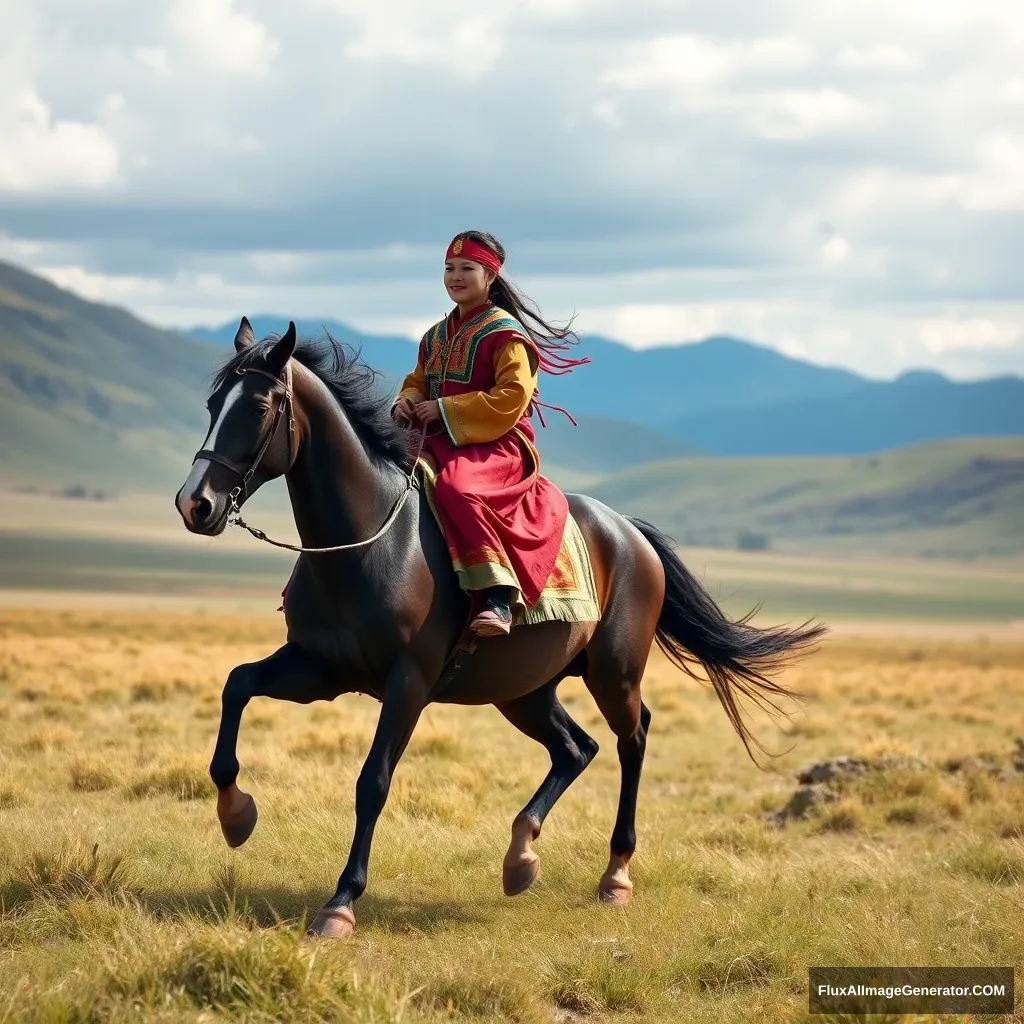 A Tibetan beauty rides a horse galloping across the vast grassland.