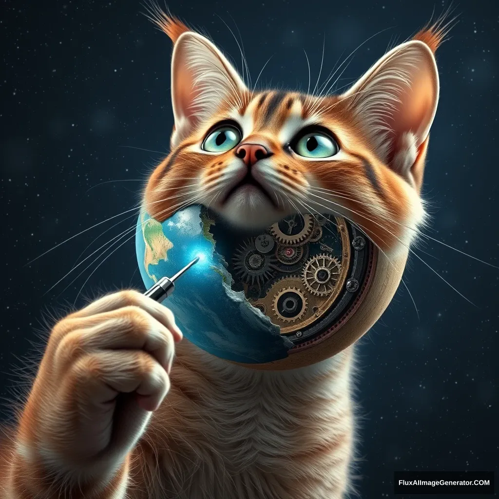 A hyper-realistic feline, eyes wide with cosmic wonder, gazes at an Earth-like planet floating in starry space. Its paw grips a gleaming screwdriver, poised to tinker. The planet's crust peels away, revealing an intricate clockwork interior of gears, circuits, and pulsing energy conduits.