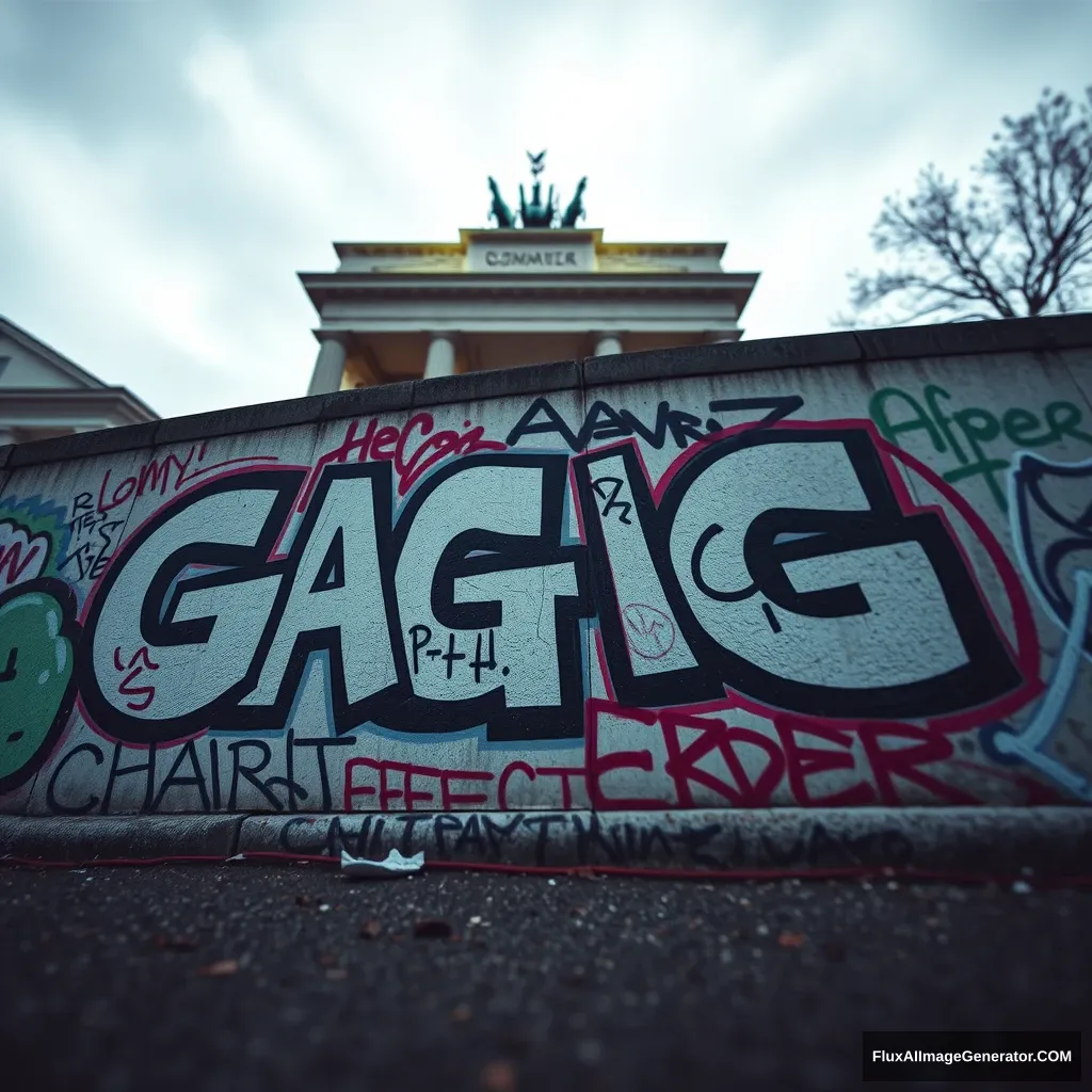 Graffiti on the Berlin Wall with the text "GAG Effect Card". Low angle, low depth of field, high quality, photorealistic, neon lighting, wide angle. - Image