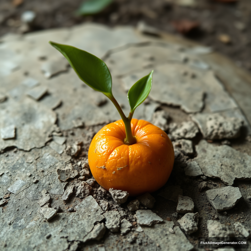 A shoot sprang from a small orange, penetrating the decaying and crumbling court scale. - Image