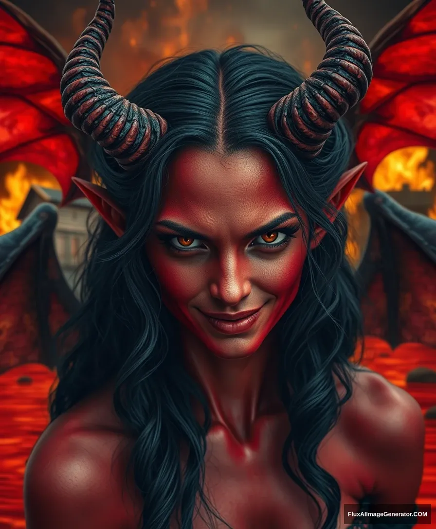 realistic red-skinned demon girl, long black wavy hair, twisted horns, demon girl, evil smirk, drawing, red water, demon wings in the background, background of a burning house, a lot of small details, hyper detail, acceleration, speed, dark exposure, the highest quality, the highest detail, ambient lighting, intricate, exquisite details and textures, sharp focus, high resolution, detailed eyes, 8k uhd, nikon d850, high quality, film grain, hyper realistic skin (detailed skin:1.3) dynamic poses.