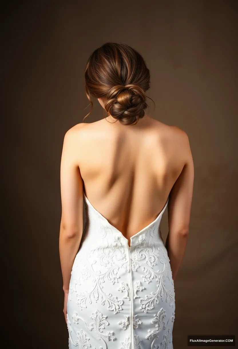 a short young woman, sensitive, delicate, ashamed, backless strapless side-less low-waisted open-back contouring wedding dress, in front of patriarchy, expectations