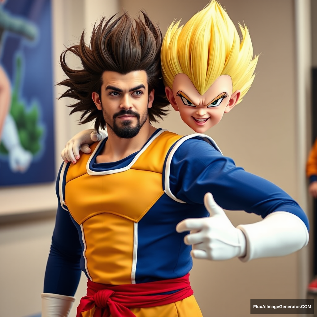 Long Brown Haired and Short Bearded Guy cosplaying as Vegeta