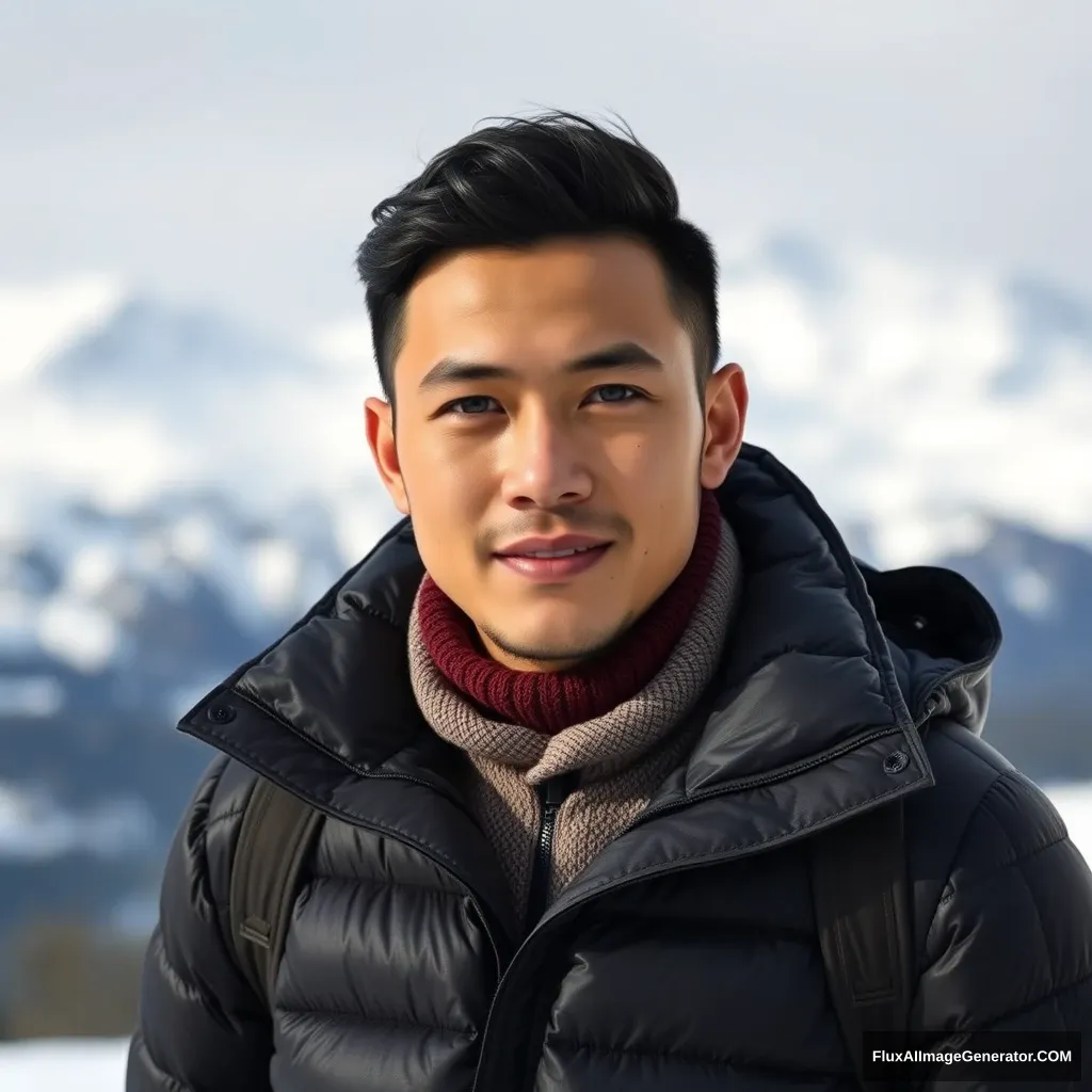 handsome asian guy wearing moncler, snowy mountain background