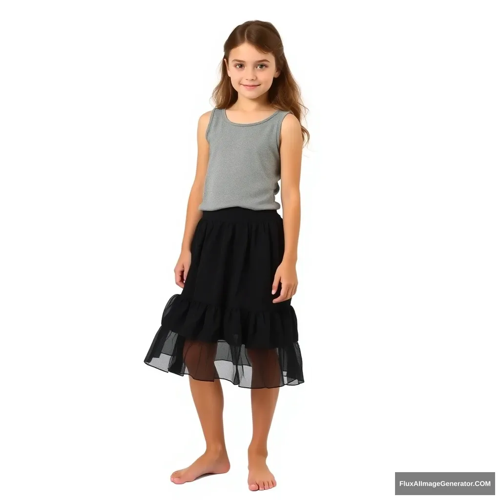 "Create a photo of a 16-year-old German girl wearing a short black tiered skirt and a gray sleeveless top. She is barefoot. The background is white, no text. The person is fully visible and facing forward."