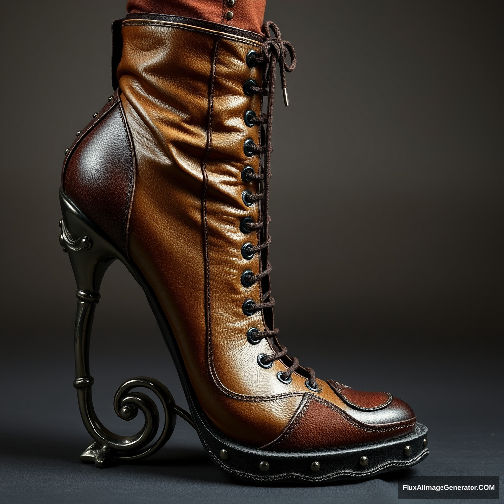 A high-fashion boot with a unique heel that represents a metallic sculpture of an entire woman's body in an artistic and sexy pose who embraces the heel and the boot body, intricate details, leather, suede parts, nails, lace.