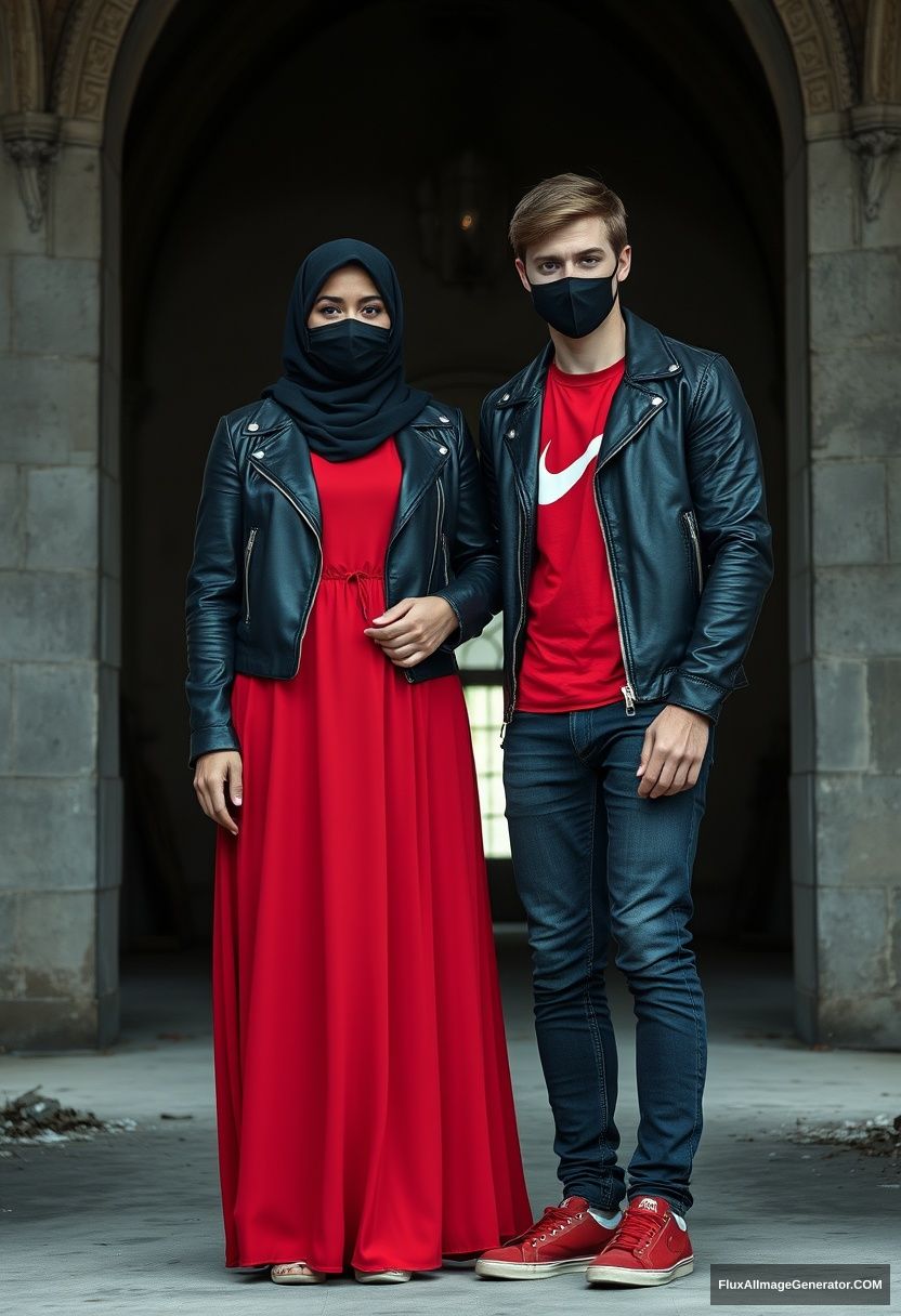 A big black hijab girl with beautiful eyes, wearing a black face mask, a black leather jacket, and the longest, biggest red dress, not tall, is standing near him and in love, holding his arm.

Jamie Dornan, handsome and young, wearing a black face mask, with a fit and tough body, a red Nike t-shirt, black leather jacket, jeans, and red sneakers, is a tall man standing near her.

Hyper realistic, photorealistic studio photography, in Victoria's abandoned castle, gloomy.