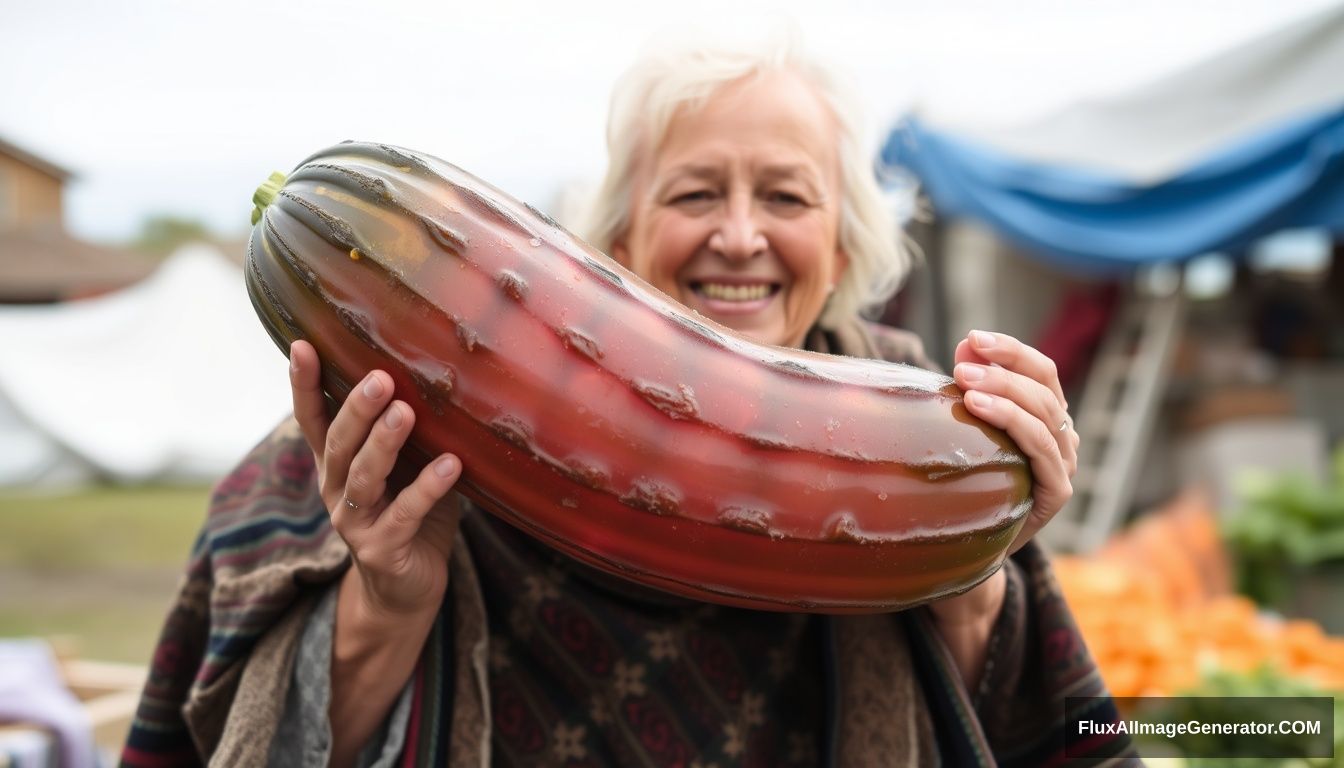 A large pink gelatin cucumber being held by a smiling old woman wearing a poncho. - Image