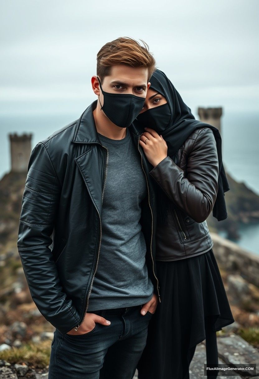 Jamie Dornan's head and body shot, handsome, youngest, black face mask, black leather jacket, jeans, dating, love with the biggest black hijab Muslim girl, not tall, beautiful eyes, face mask, maroon leather jacket, biggest black skirt, leaning on his shoulder, hyper-realistic, studio photography, full body photo, exploring at an abandoned castle, at sea, gloomy scenery.