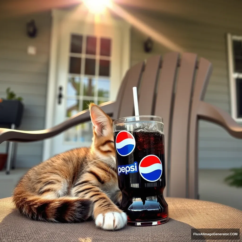 A little cat is sleeping on the chair in front of the house, with sunlight shining down from the upper left, sipping Pepsi through a straw.