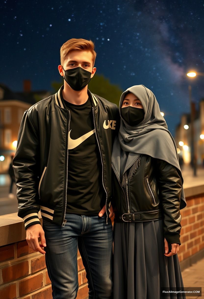 Jamie Dornan, youngest, black face mask, collage jacket, Nike t-shirt, jeans, tall man, fit body,

Dating, love with the biggest gray hijab Muslim girl, beautiful eyes, black face mask, leather jacket, biggest longest skirt, short girl,

standing at a brick wall, in town, night scenery, Milky Way, hyper-realistic, photorealistic, street photography. - Image