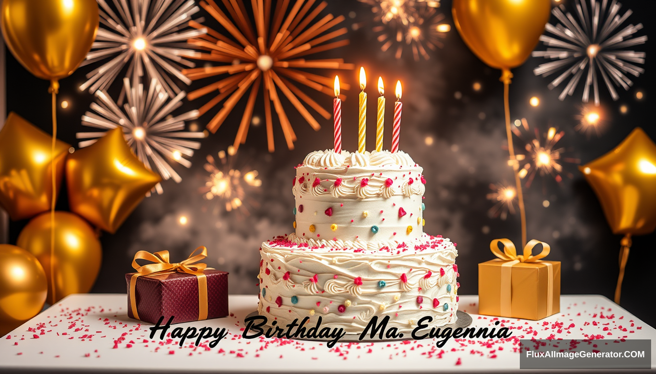 A 2 tiered birthday cake, 5 candles, gifts decorate the table, golden balloons float and fireworks accompany them in the background. A beautiful phrase reads "Happy Birthday Ma. Eugenia".