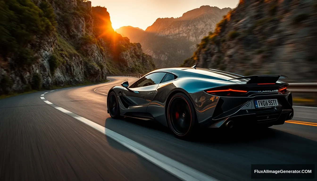 (supertcar:1.5) sleek design, (shiny metallic finish:1.3), racing down a winding mountain road, surrounded by lush greenery and dramatic cliffs, (sunset lighting:1.2) casting warm hues, dynamic motion blur enhancing speed, reflections on the car's surface, (high detail:1.4), cinematic atmosphere, (4k:1.2), inspired by automotive photography.