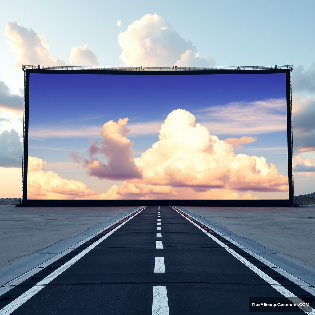 1100 feet tall, 2350 feet wide screen displaying clouds and sky, with a tiny little runway going from a vantage point leading to the screen, the runway's vantage point getting larger as it comes to the forefront of the overall image on a beach.