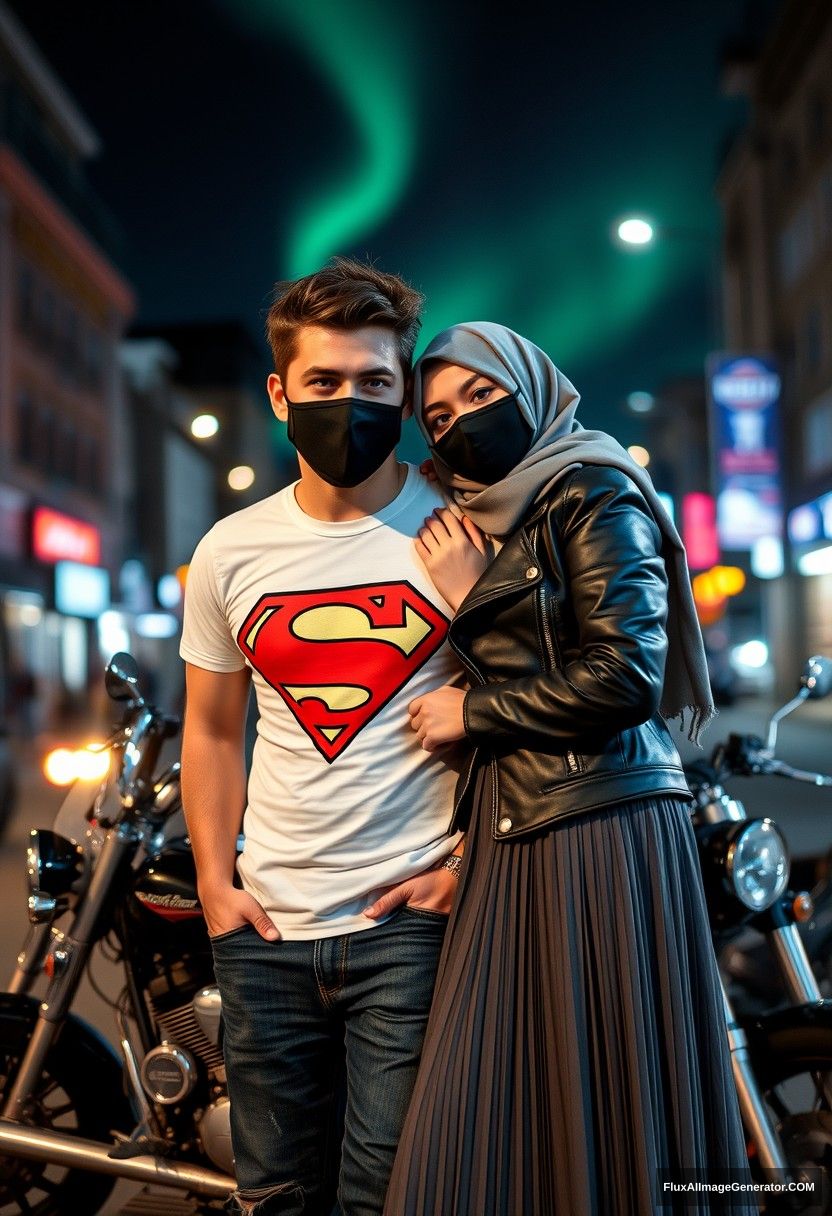 Jamie Dornan, tall, young, wearing a black face mask, a white Superman t-shirt, and jeans, 

dating a love romantic relationship with a Muslim girl in a grey hijab, with beautiful eyes, also wearing a black face mask, a leather jacket, and a very long and big skirt, who is not tall,  

laying on his shoulder, standing near a motorbike for photography, a Harley Davidson model, in town, photorealistic, street photography, night scenery, aurora borealis. - Image