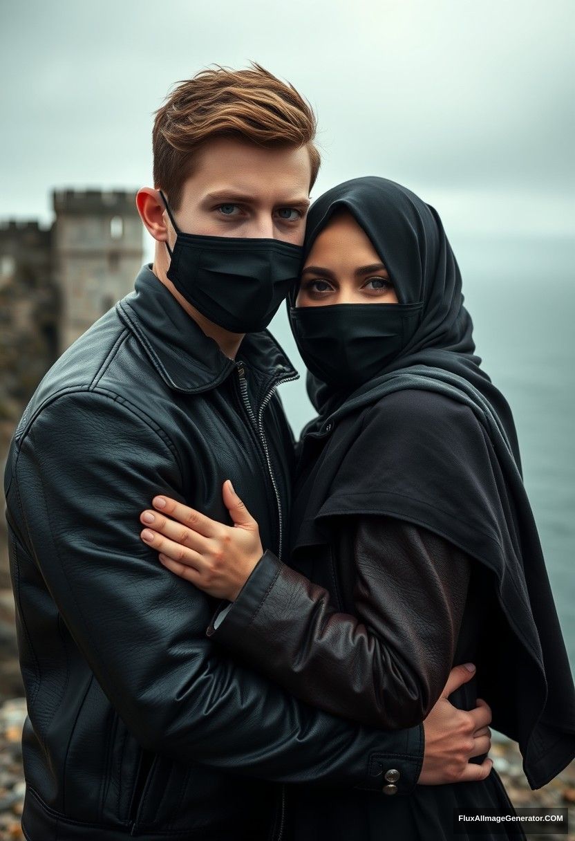 Jamie Dornan's head and body shot, handsome, youngest, black face mask, black leather jacket, dating, love hug with the biggest black hijab Muslim girl, not tall, beautiful eyes, face mask, maroon leather jacket, biggest black skirt, hyper-realistic, studio photography, full body photo, explore at abandoned castle, at sea, gloomy scenery. - Image