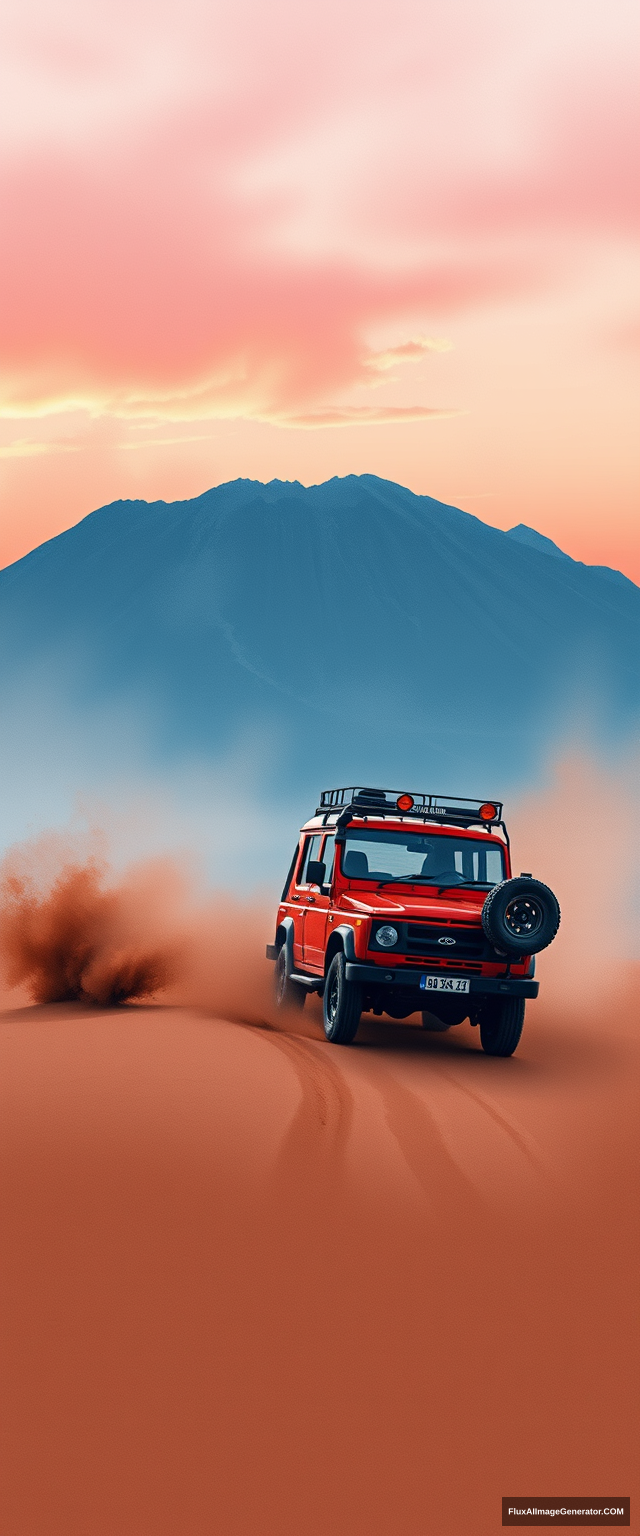 Create a watercolor illustration of rough strokes, muted colors, a red Daihatsu Rugger 80s adventure car (accurately) crossing on sand. Setting of Mount Bromo, East Java, Indonesia. Dust, sunset. Red blue sky. Dramatic. - Image