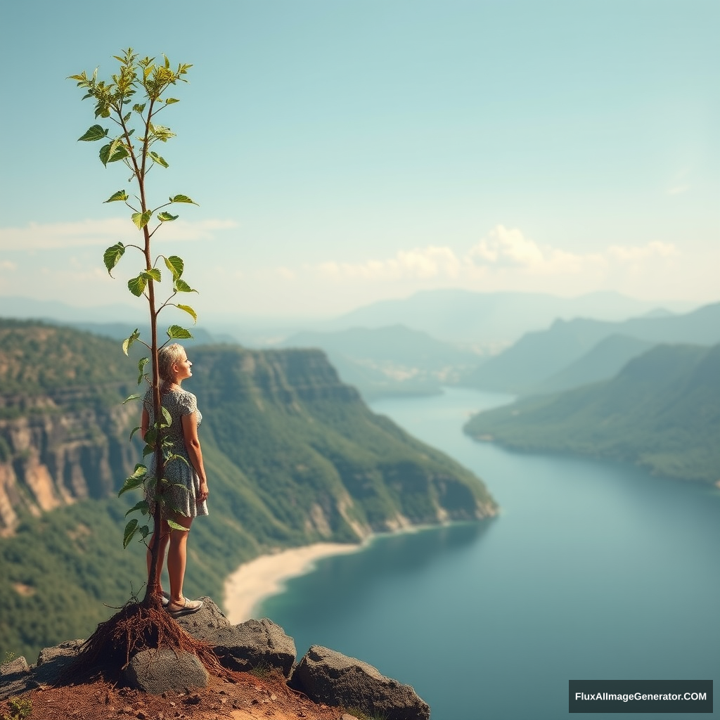 a woman growing taller than a continent