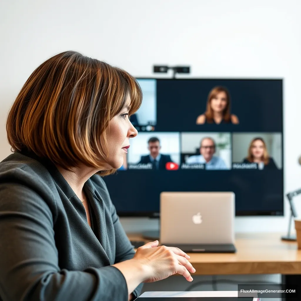 Microsoft online teams meeting for "Atos" presented by a white woman with brown bobbed hair in her fifties. People online appear bored. - Image