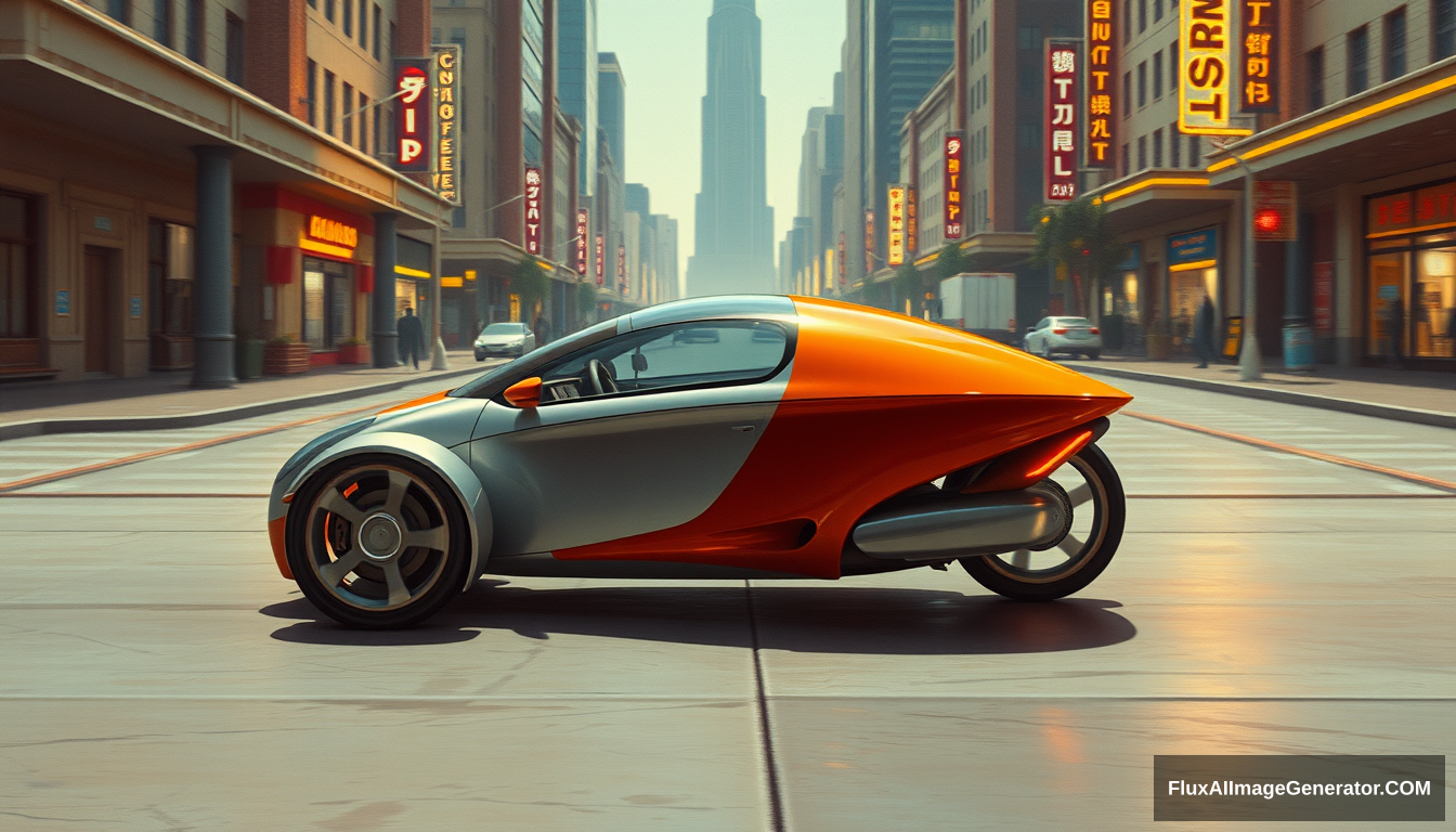 3/4 shot, a three-wheeled car having exactly 1 rear wheel, as painted by Syd Mead, future city setting, 4k.