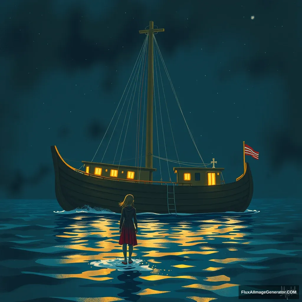 A giant boat on the sea, midnight, a girl and a man. - Image