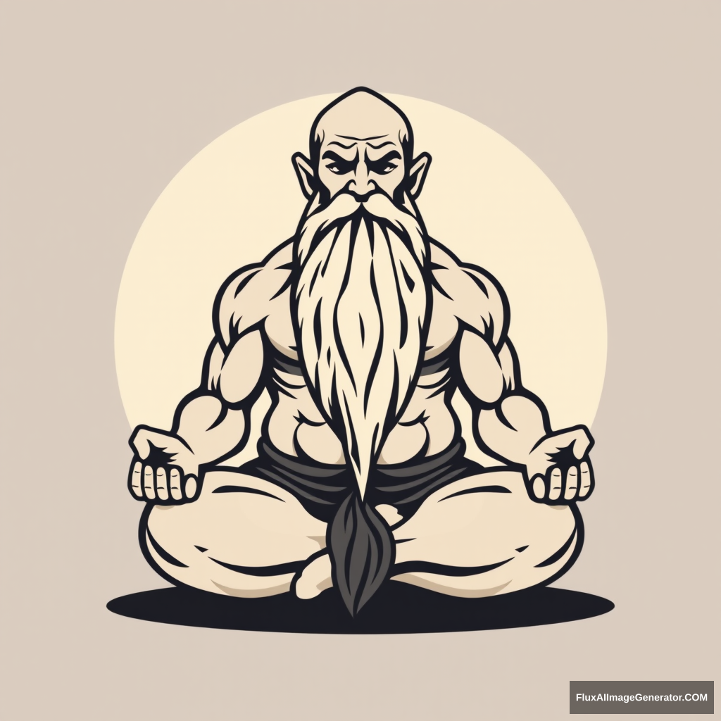 Yoga Center logo: a muscular large bald dwarf in the lotus position with a long beard.