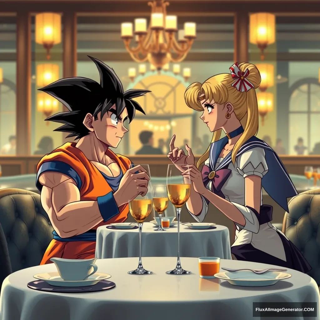 Goku and Sailor Moon having dinner together in a fancy restaurant, hyper-realistic photo. - Image