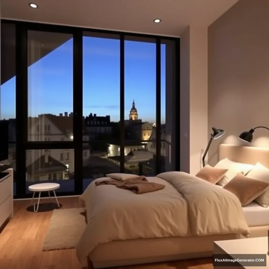 Modern bedroom apartment, big glass window, midnight in France. - Image