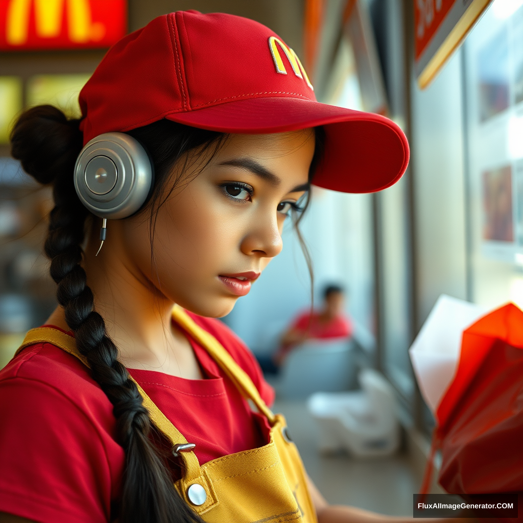 Amazonian girl working at McDonald's medium quality photo - Image