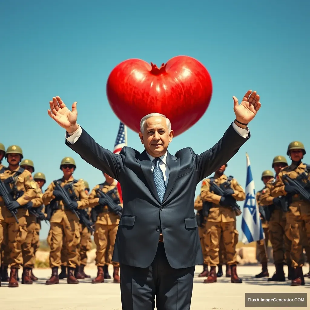 Pomegranate as a heart shape

An outdoor scene featuring Israeli Prime Minister Benjamin Netanyahu in the exact same triumphant arm-raised position as the original image. Replace the bodyguards with Israeli soldiers in similar protective stances, maintaining the same formation and posture. The American flag in the background is replaced by an Israeli flag. Benjamin Netanyahu is dressed in a formal outfit, like a small suit, matching the serious nature of the scene. The sky is clear and blue, capturing the moment of celebration and security. The overall atmosphere remains one of triumph and protection. - Image