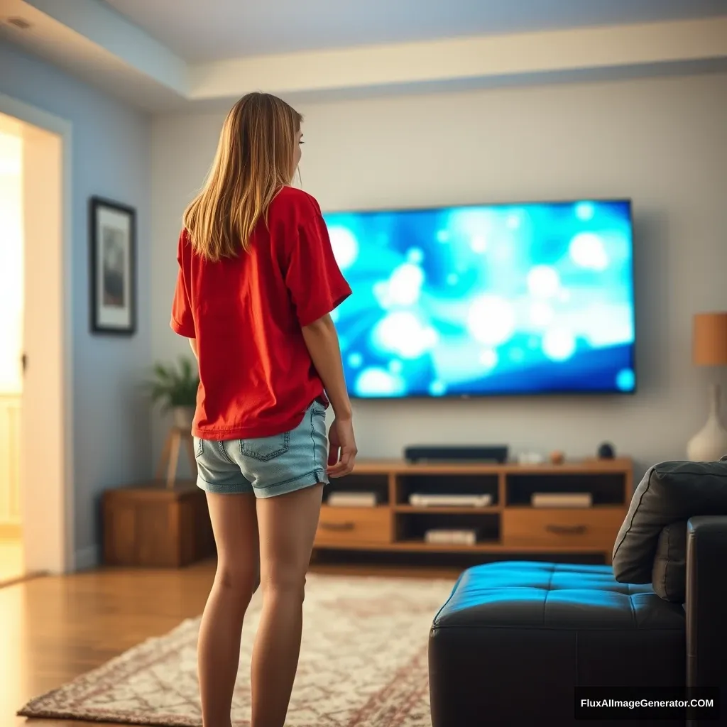 Back view of a young blonde skinny woman in her early twenties, standing in her massive living room, wearing a massively oversized red polo shirt that is really off balance on one shoulder. The bottom part of her shirt is tucked in, and she is also wearing light blue denim shorts, with no shoes or socks. She faces her TV with a shocked expression and dives head first into the magical TV.