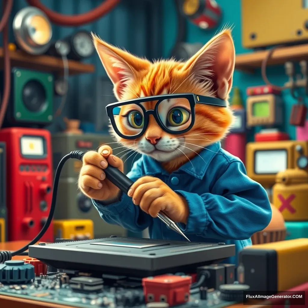 A mischievous orange tabby cat, wearing tiny safety goggles and a blue Pixar-style mechanic's uniform, delicately wields a miniature soldering iron. The cat meticulously repairs a giant motherboard in a whimsical, brightly lit workshop filled with oversized computer components and colorful, anthropomorphic gadgets.