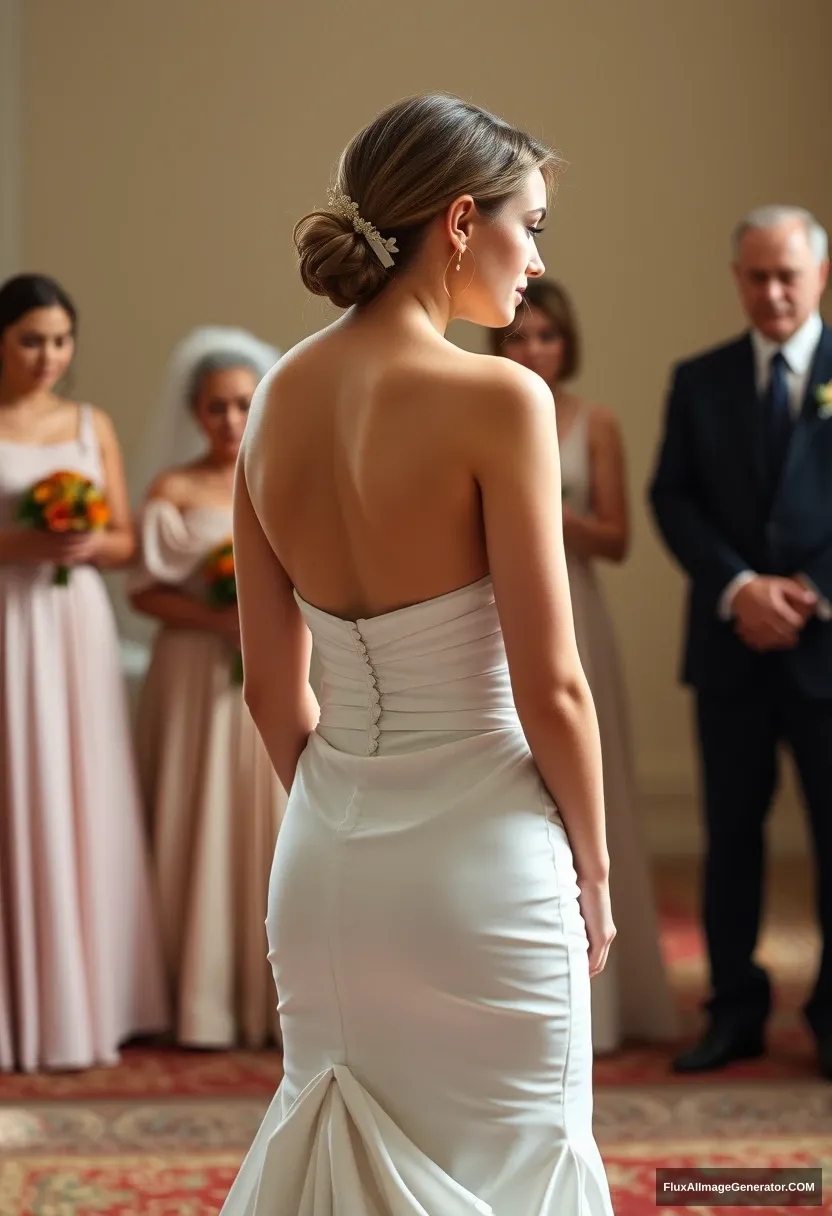 A short young woman, sensitive, delicate, backless strapless side-less low-waisted contouring wedding dress with a loose front and an undone rear. Submitting before the council of fathers. Expectations. Perfect posture. Pale skin. - Image