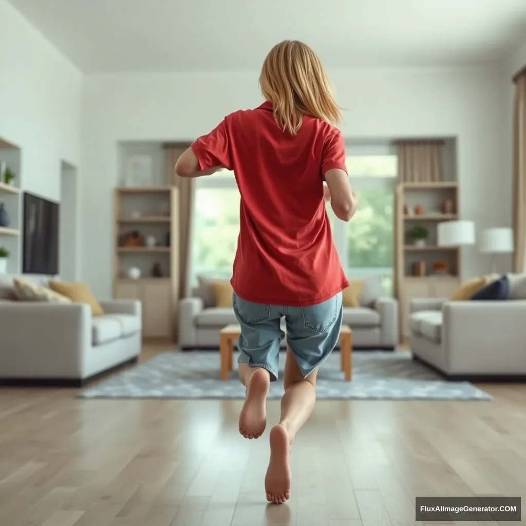 Back view of a skinny blonde woman in her large living room, wearing an oversized red polo shirt that hangs unevenly on one shoulder and loose light blue denim shorts. She is barefoot, facing the camera as she gets off her chair and runs towards it.