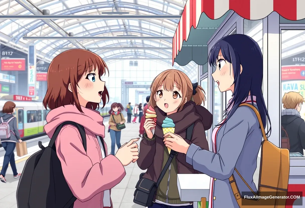 In a bustling train station plaza, a young woman's face lights up with delight as two cheerful teenage girls offer her a complimentary ice cream from their colorful popup stall. The girls greet the woman warmly, their infectious smiles matching her look of surprised joy at the unexpected kindness. As the woman savors the frozen treat, the girls bask in the satisfaction of bringing happiness to a stranger's day, creating a heartwarming vignette within the lively urban setting, anime style. - Image