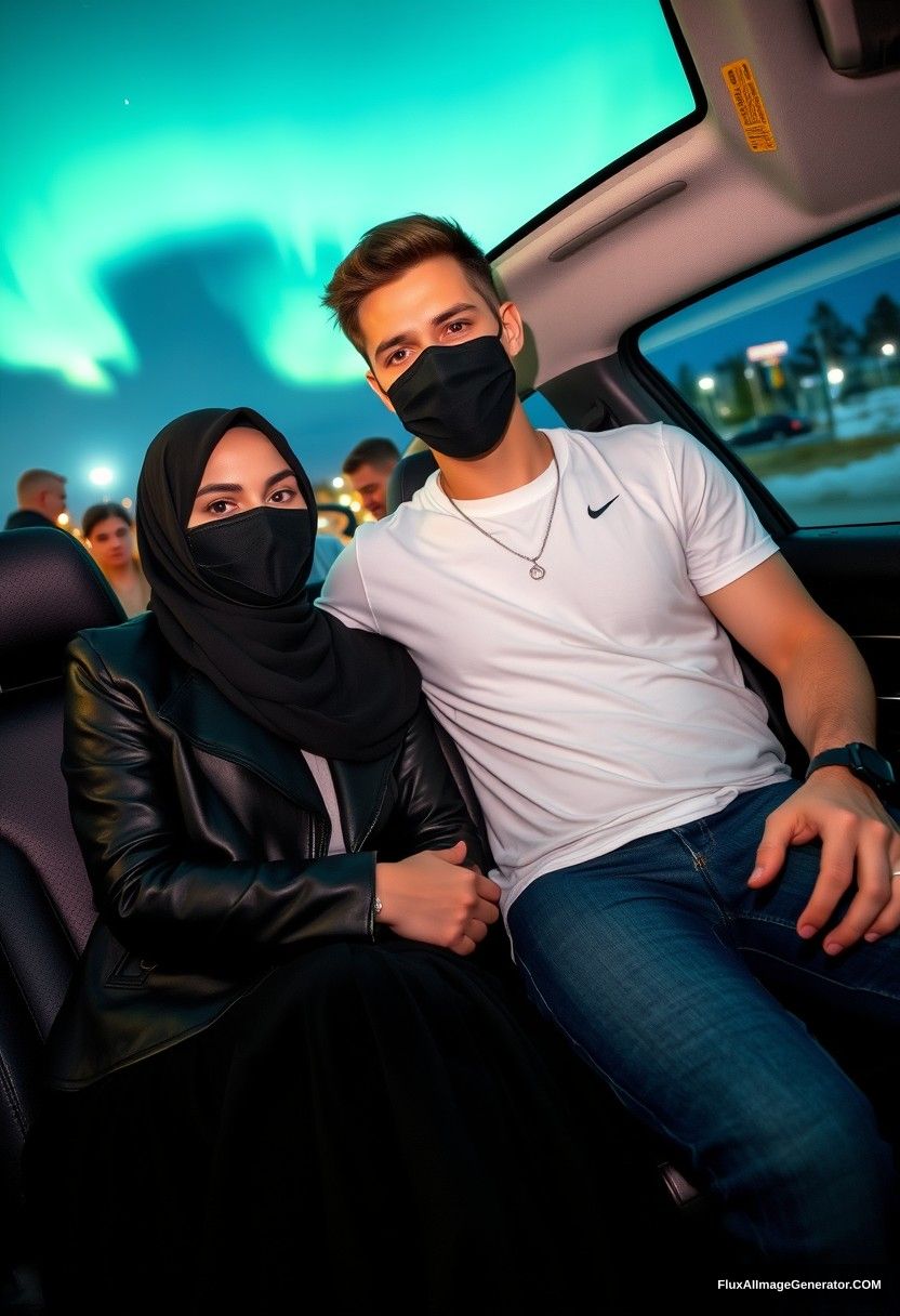 Jamie Dornan, tall, young, black face mask, white Nike T-shirt, jeans, dating a romantic hijab-wearing Muslim girl with beautiful eyes, black face mask, leather jacket, very long and big skirt, not a tall girl, sitting in a car, in a town, photorealistic, selfie photos, night scenery, aurora borealis.