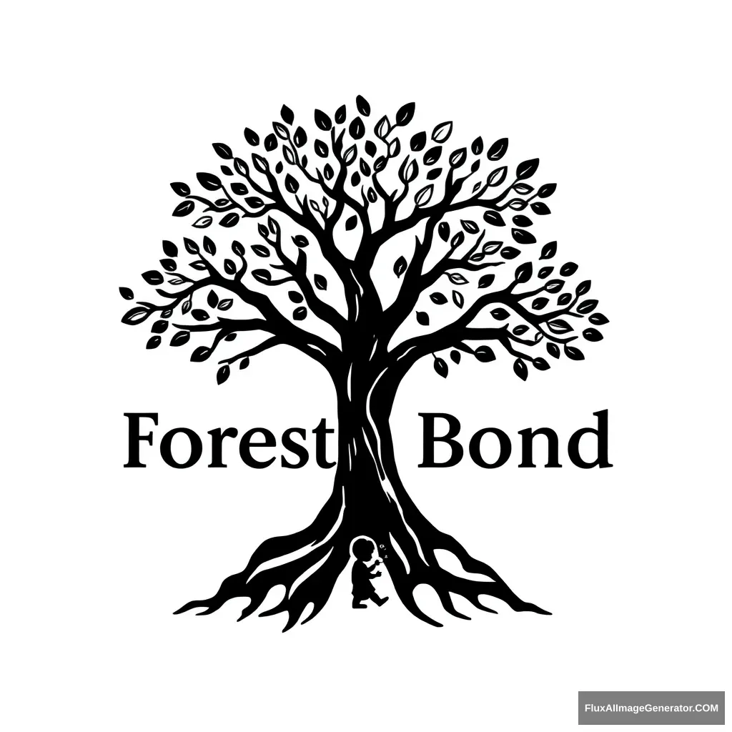 It's a logo for an app called forestbond. It's a tree in the shape of a woman spreading its branches with a lot of leaves. It gives the impression of deep and solid roots. Draw it in a reverent way and write the words Forest Bond underneath it in capital letters. It should have a serious feel to it. Don't overlap the drawing and text. Make it look like a child is under the tree looking up at it. Draw the whole thing in black on a transparent background. - Image