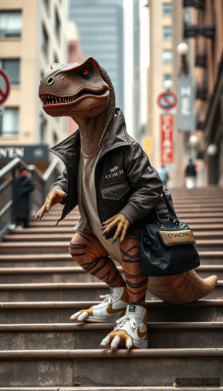 Anthropomorphic, a dinosaur T-rex wearing a dark brown flight jacket and white sneakers, with a COACH bag, against an urban street background with wide depth of field, standing on the stairs, adorned with mori style stripes, portraying a street life scene with a hip-hop flair, master shot, 4K. - Image