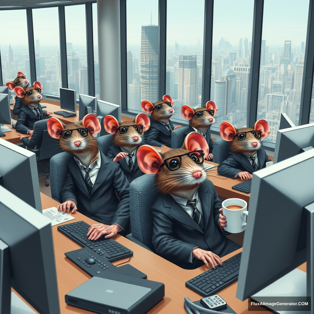 A busy office scene where several anthropomorphic rats are dressed in business attire, sitting at desks, and working on computers. The rats are wearing small tailored suits, ties, and glasses, with some typing on keyboards, others on video calls, and a few holding coffee mugs. The office is modern with sleek furniture, large windows, and a view of a bustling city in the background. The atmosphere is professional, yet humorous, as the rats are fully engaged in typical office tasks, with detailed facial expressions showing concentration and determination.