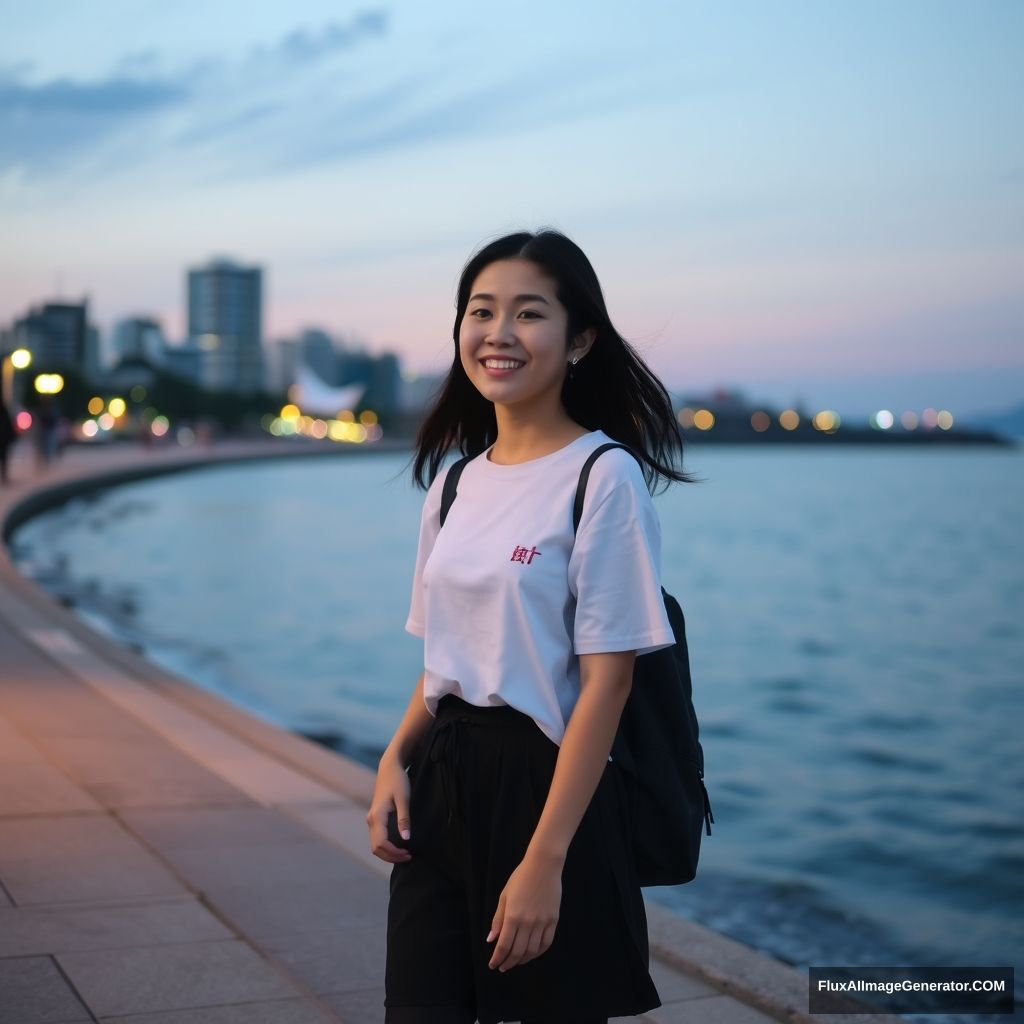 'Female student walking by the seaside, beach, dusk, Chinese, street, girl'