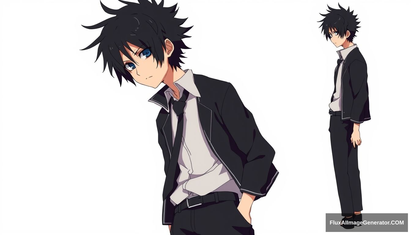 Heiden has black hair and black eyes. He has his father's facial features and also has his mother's light peach complexion rather than his father's light tan. In Part II, Heiden has messy, jet-black hair (dark blue in the anime) that sweeps down in his pale skin and intense black eyes. Heiden wears a uniform, which consists of a white shirt, a loose necktie, a black jacket, and black pants. Naruto character design, full body. - Image