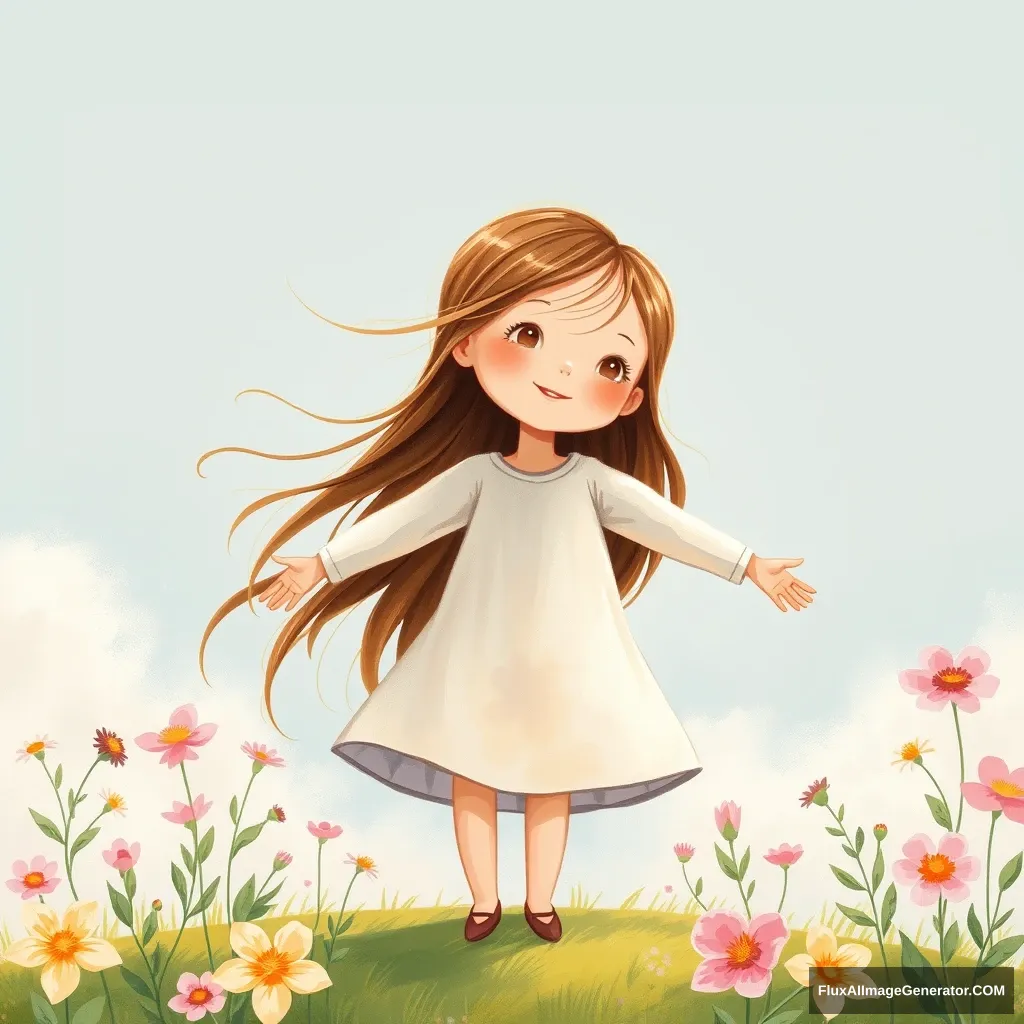 Children's book illustration, little girl opens her arms, standing in the wind, wind blowing her long hair, with flowers blooming around.