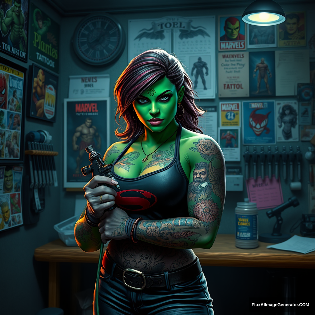 She-Hulk in tattoo artist attire, inked with detailed Marvel hero motifs, grips a tattoo machine, standing before a backdrop of an authentic tattoo studio walls adorned with vibrant artwork, flash sheets, and tattoo machine racks, soft ambient light casting a subtle glow over the scene, digital painting, ultra realistic, dramatic lighting. - Image