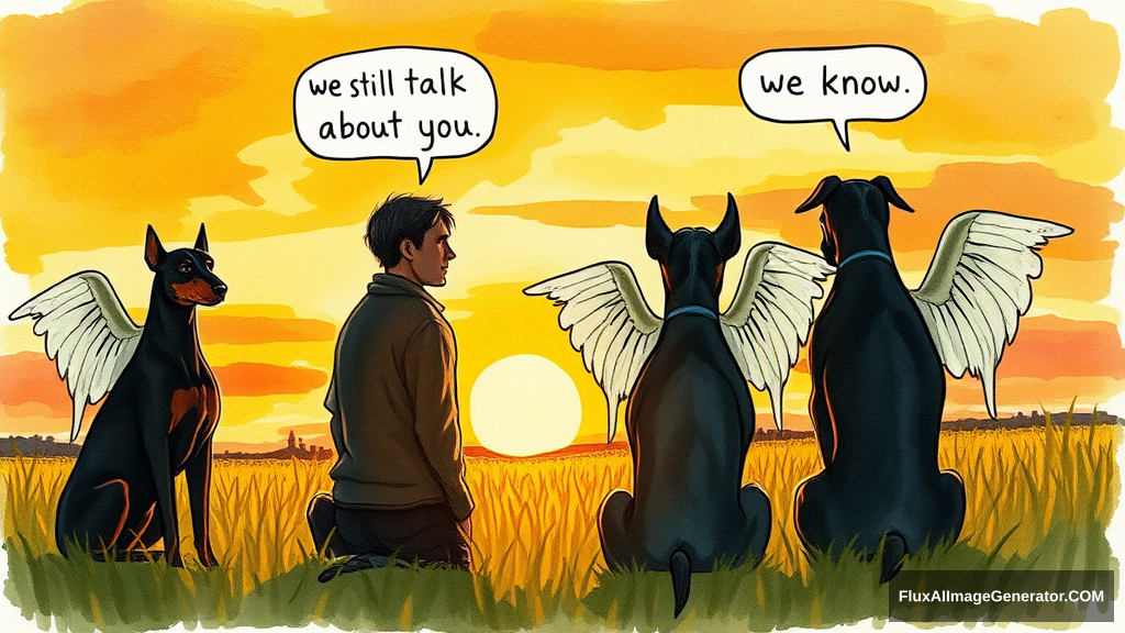 Messy hand-drawn watercolor illustration: a male figure in a meadow at golden hour, silhouetted against a vibrant sunset sky. Three ethereal ghostly winged canines, black and tan Doberman companions, sat beside him, facing away from the viewer. Speech bubbles float above: "We still talk about you" (person), "we know" (dog). Nostalgic atmosphere, brushstrokes convey wistful longing.